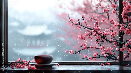 A serene scene featuring a bowl of tea beside a window with blooming cherry blossoms and a snowy landscape outside.