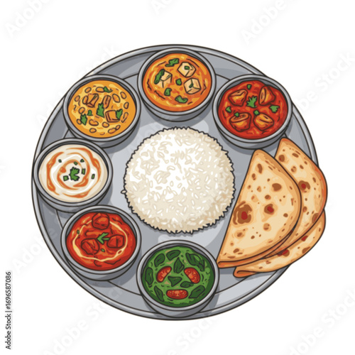 A vibrant thali platter featuring assorted Indian curries, rice, and flatbreads.