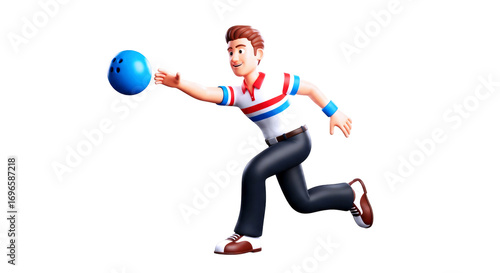 3d cartoon bowlers dynamic delivery perfect strike, retro style, fun game asset, isolated on transparent background