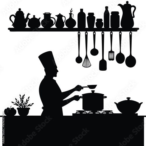 Chef silhouette adding ingredients to a pot on a stove