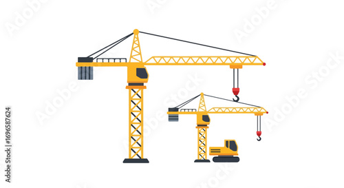 Illustrative graphic of two yellow tower cranes with lattice structures against a white backdrop, showcasing construction machinery in simplified