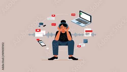 A person experiencing stress and anxiety from digital information overload and constant social media notifications