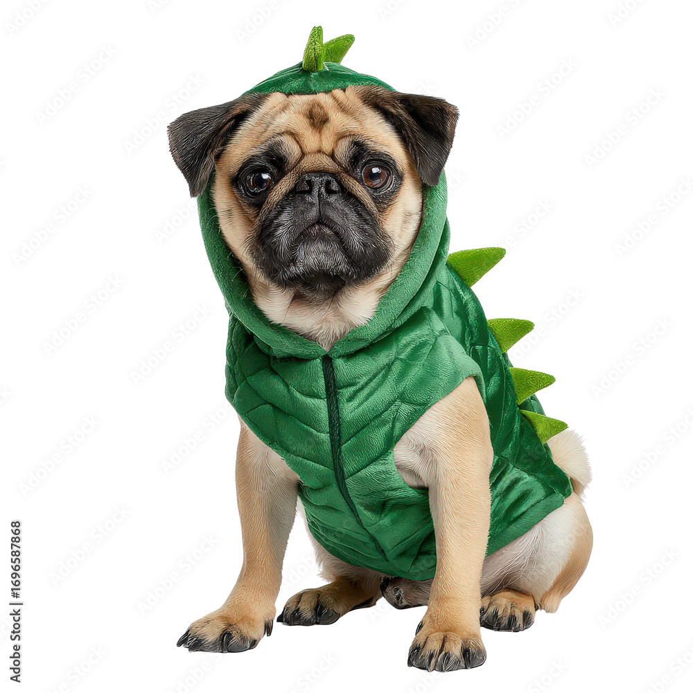 Fototapeta premium Pug in Dinosaur Costume at Home, Fun Pet Photography, Playful Environment, Close-Up View