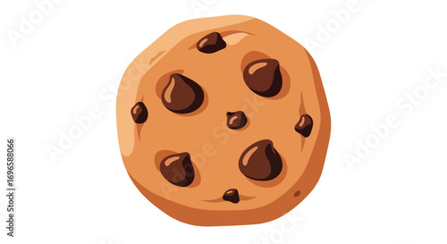 A cartoon-style chocolate chip cookie against a white backdrop offers a delicious visual treat, symbolizing indulgence and playful enjoyment,