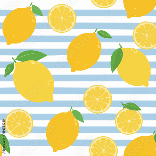 Yellow Lemons And Lemon Slices On Blue White Stripes Background
