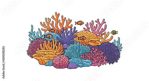 Vibrant coral reef scene with anemone fish and diverse coral formations, marine biodiversity and aquatic life representation in a cartoon style