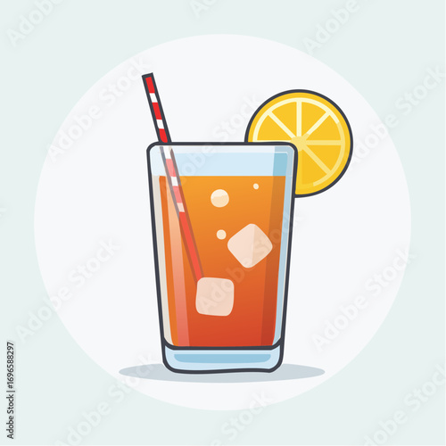 Glass Of Iced Tea With Lemon Slice And Red White Straw