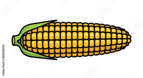 Illustration of Vibrant Yellow Corn on the Cob with Green Husks and Black Outlines in Artistic Style