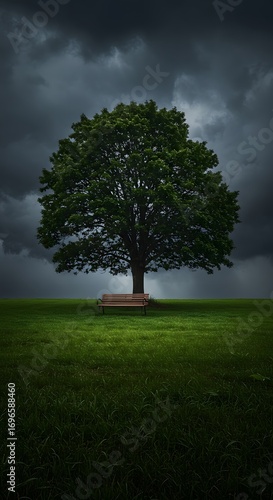 A solitary, mature tree stands proudly in a vast, green field under a dramatic, stormy sky with a wooden bench positioned beneath its branches