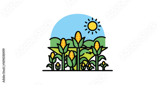 Stylized cornfield with sunlit sky, agricultural illustration of summer harvest with ripe maize, vibrant flat vector drawing of a rural landscape