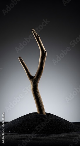 A solitary golden branch, symbolizing growth and hope, emerges from a mound of black industrial sand in a stark, minimalist composition
