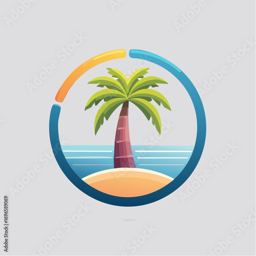 Tropical Island Palm Tree in Circular Frame with Blue Ocean