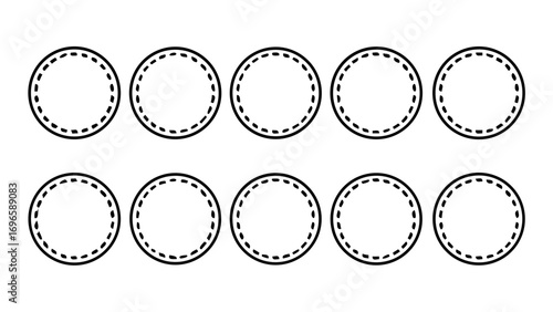 Ten circular shapes arranged in two rows with a dashed inner circle and a solid outer circle design