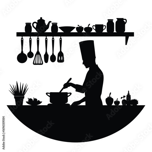 Chef silhouette cooking in a curved kitchen scene Keywords: chef, silhouette, cooking, kitchen