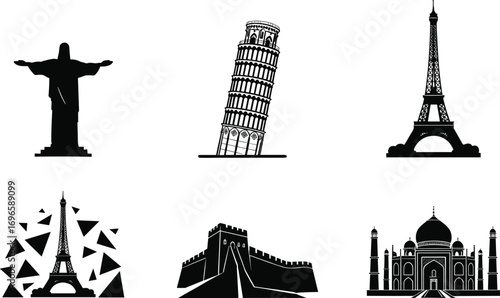 Famous world landmarks vector set, black silhouette icons, global travel symbols, architectural heritage illustrations, tourism design elements, cultural monument clipart
