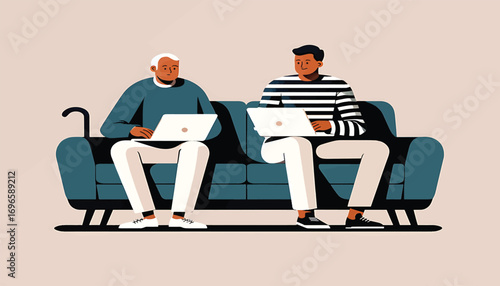 A senior man and a young man working together on laptops while sitting on a sofa in a modern illustration
