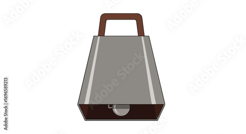 Cartoon illustration of a metallic cowbell with a brown handle, isolated against a white background showing its simple design and shape, making it