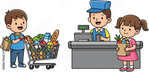 Happy children grocery shopping, boy pushing cart, girl paying cashier, supermarket family shopping, kids buying food, retail store scene