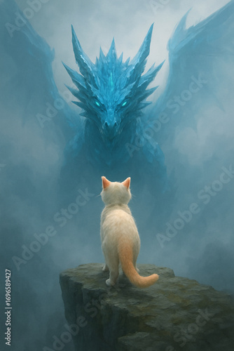 Brave Kitten Confronting Enormous Ice Dragon