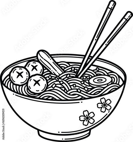 Delicious bowl of ramen noodles with chopsticks, garnished with meatballs and mushrooms, in a decorative bowl.