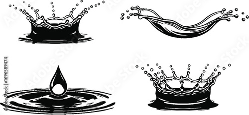 Dynamic water splashes and drops in various artistic forms, capturing fluid motion and liquid energy.