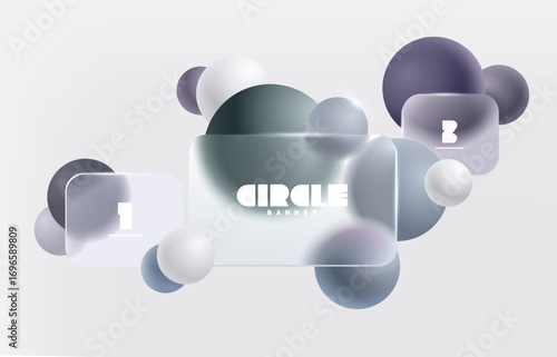 Transparent  rectangles and balls in glass morphism style. Vector geometric shapes on white background.