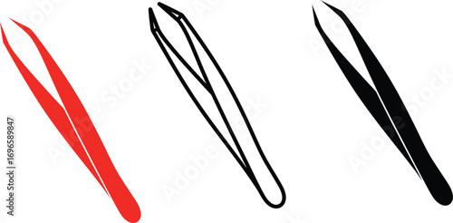 Collection of three precision tweezers in red, outline, and black on a white background