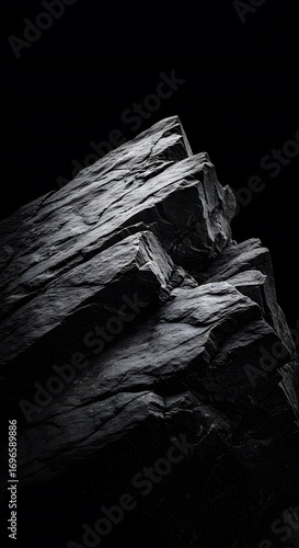 Detailed close-up of a rugged stone formation with sharp edges and layered texture, presented in a dramatic black and white industrial aesthetic