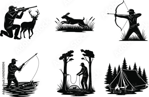 Outdoor adventure silhouettes, hunting, fishing, camping, archery, wildlife, forest recreation, nature activities, survival skills, vector icons, black and white illustration