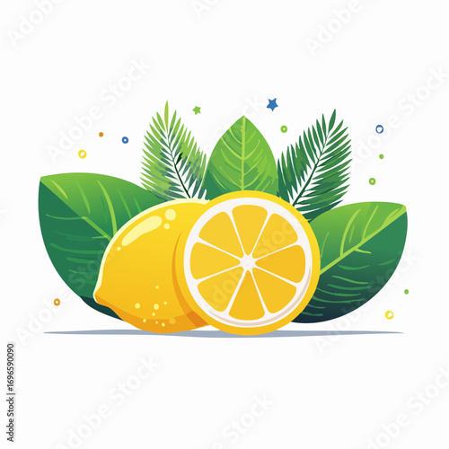 Two Sliced Lemons with Vibrant Green Leaves on White Background