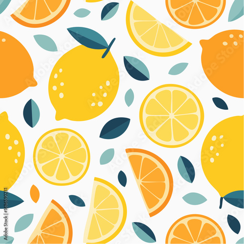 Bright Yellow Lemons and Orange Slices with Teal Leaves on White Background