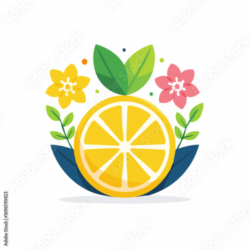 Lemon Slice With Pink And Yellow Flowers And Green Leaves