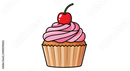 Stylized cupcake with light pink frosting and a glossy red cherry on top conveys sugary treat pleasure