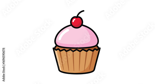 Delightful cupcake illustration with pink frosting and a bright red cherry topping creating a simple and fun food graphic design
