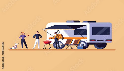Group of friends with a dog enjoying a barbecue party during a camper van road trip vacation