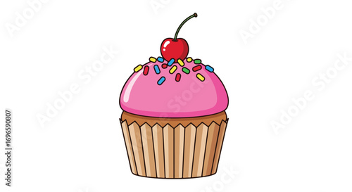 Delightful cupcake illustration with glossy pink frosting and a bright red cherry on top showcasing delectable sweetness and a playful dessert vibe