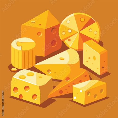 Hard porous cheese big head and sliced piece vector illustration