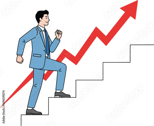 Ambitious businessman climbs stairs towards upward trending arrow symbolizing career growth and success.