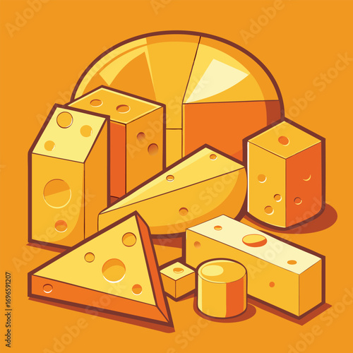 Hard porous cheese big head and sliced piece vector illustration