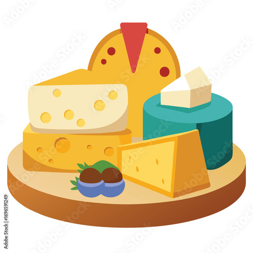 Hard porous cheese big head and sliced piece vector illustration
