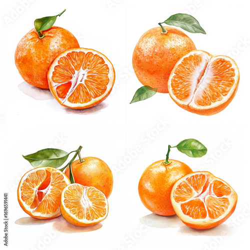 Hand-painted watercolor illustration of orange set, featuring whole fruit and halved piece with juicy segments, botanical style on white background.