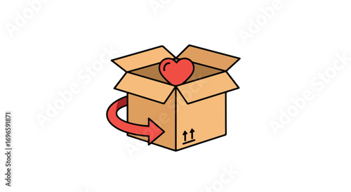 A symbolic depiction of sending love or cherished gifts in a package using a cute cardboard box and a stylized heart design