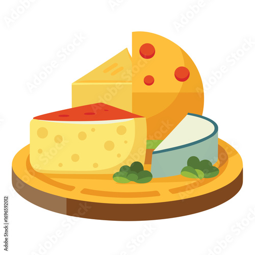 Hard porous cheese big head and sliced piece vector illustration
