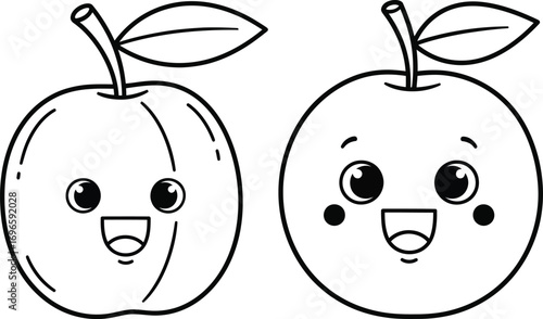 Two cheerful cartoon fruits smiling with happy faces and leaves