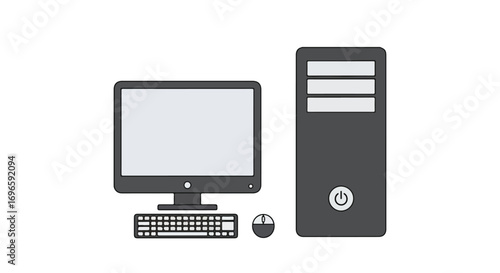 Desktop Computer Set Illustration: Grey Monitor, Tower, Keyboard and Mouse on White Background