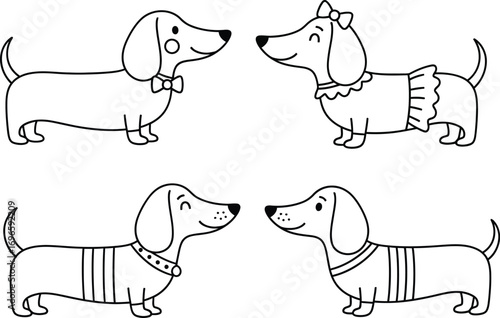 Four cute cartoon dachshund dogs in outline, two male and two female, with playful expressions