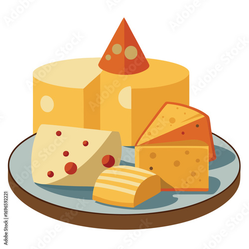 Hard porous cheese big head and sliced piece vector illustration