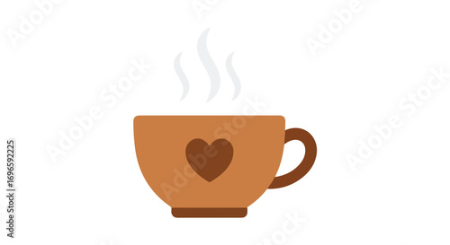 Minimalist illustration of a steaming, heart-adorned teacup on a clean, white background for cozy, inviting ambiance and simple elegance
