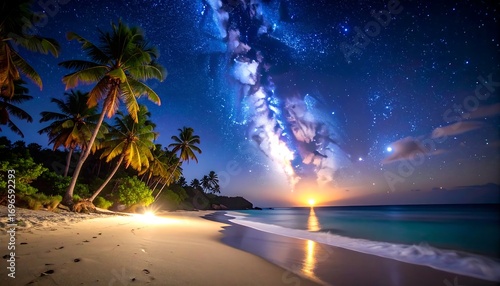 Fototapeta Naklejka Na Ścianę i Meble -  Tropical beach at night, Milky Way galaxy visible over ocean, palm trees and fire on the sand
