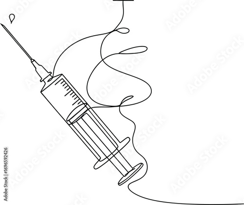 Minimalist line art of a syringe with a drop of liquid, symbolizing medical treatment and care.